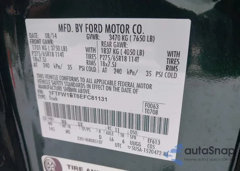 2014 Ford F-150 Xlt из США, поврежденный, VIN 1FTFW1ET6EFC81131